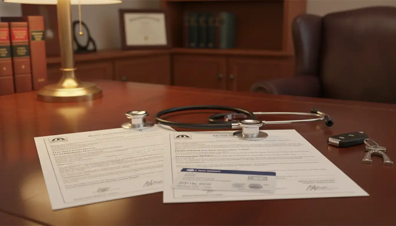 Missouri MedPay insurance policy documents and coverage form on desk with medical equipment