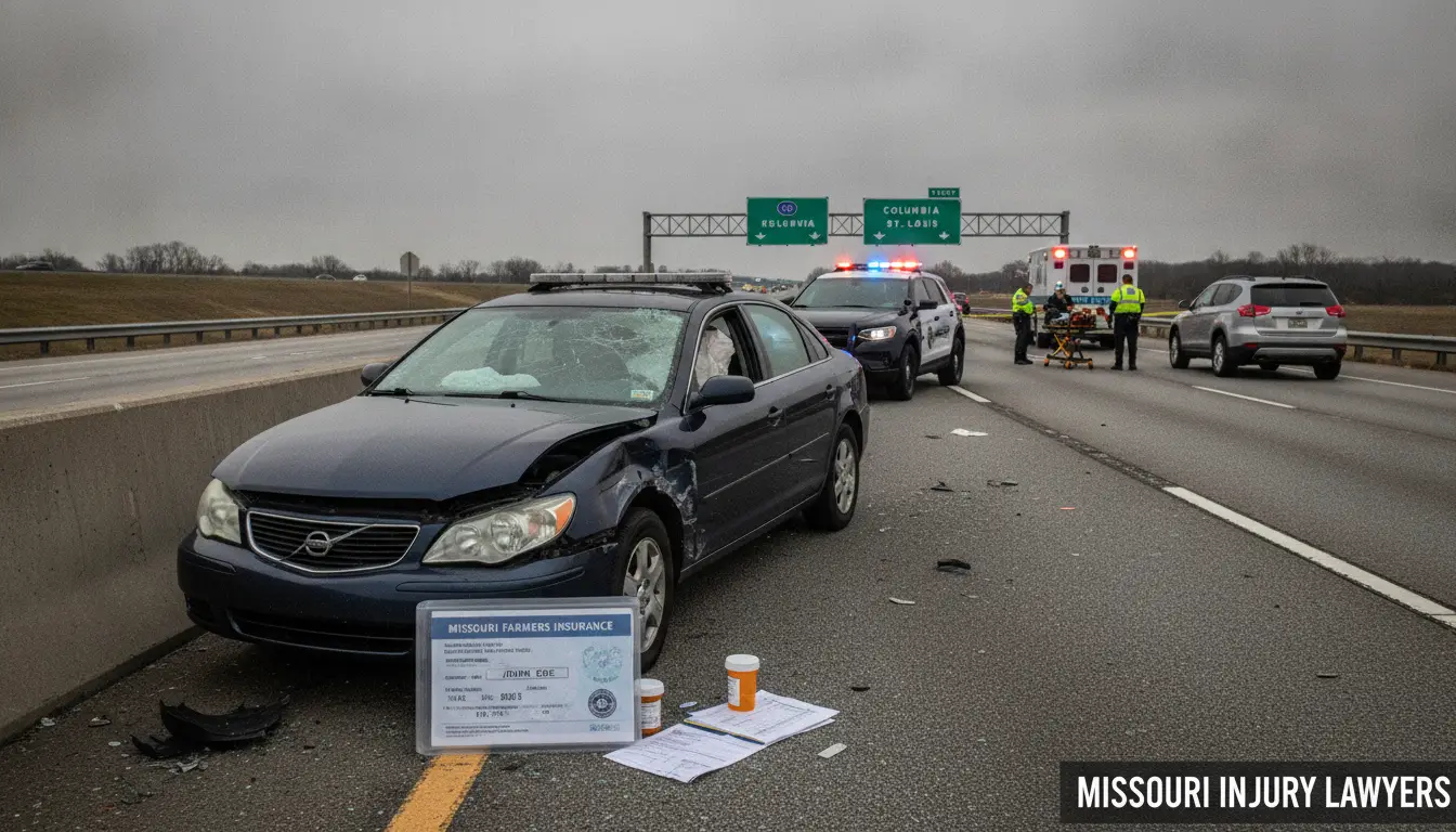 Missouri car accident scene with emergency responders and MedPay insurance card essential for medical coverage