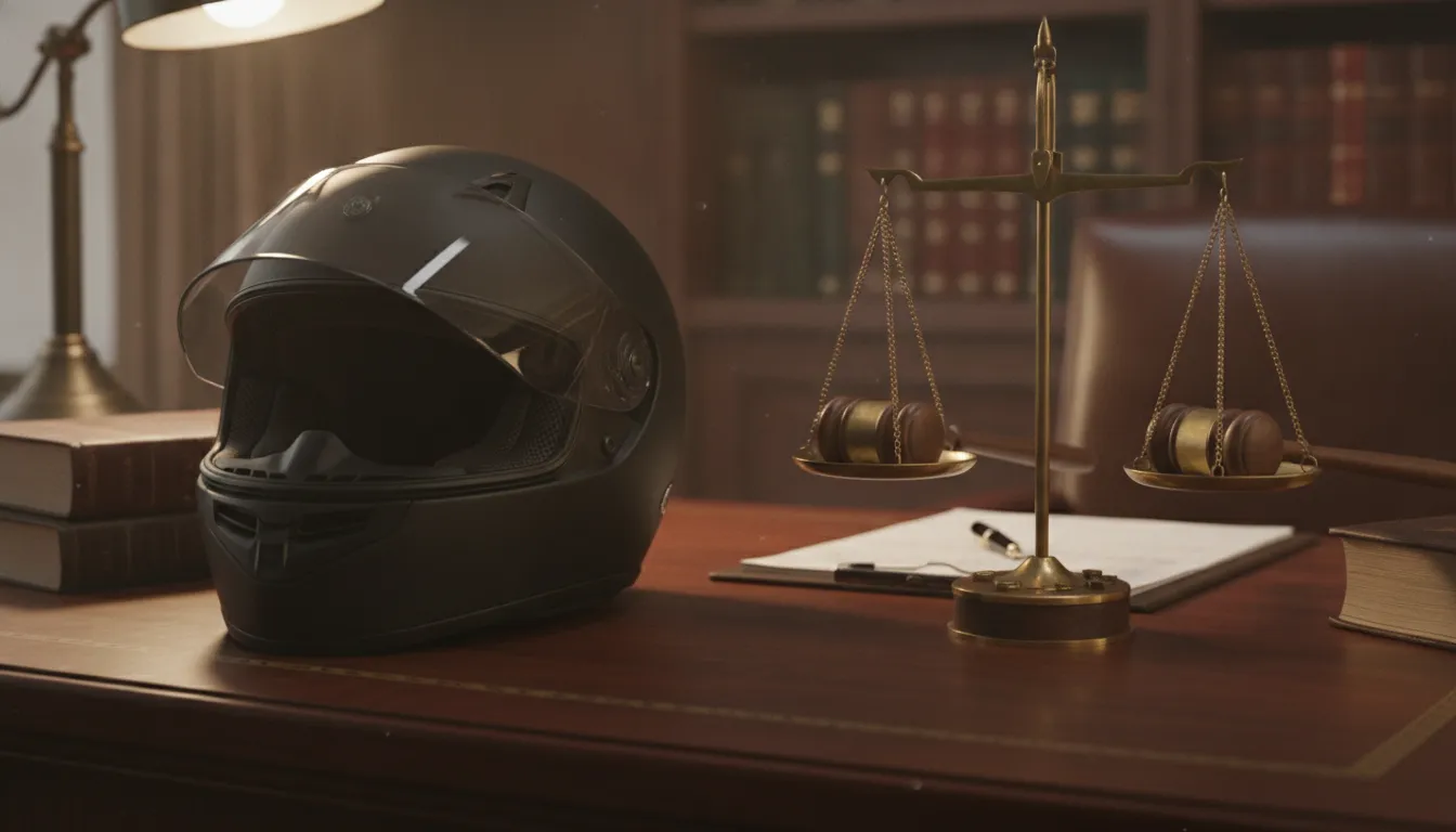 A motorcycle helmet and scales of justice on a lawyer's wooden desk